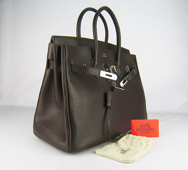 High Quality Fake Hermes 35CM Embossed Veins Leather Bag Dark Coffee 6089